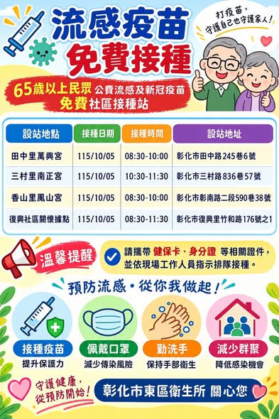 65歲以上的長輩看過來～秋冬季節到了，請多加利用接種站，免費接種流感疫苗及新冠疫苗，給自己和家人最完善的保護力！宣傳圖片