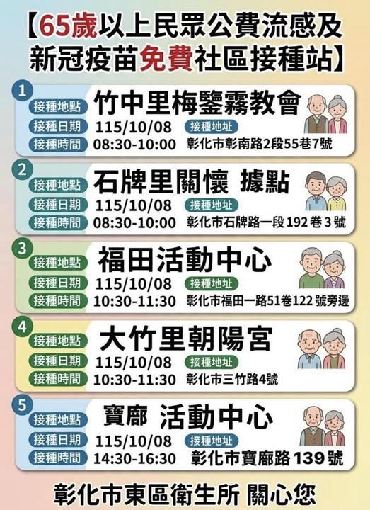 65歲以上的長輩看過來～秋冬季節到了，請多加利用接種站，免費接種流感疫苗及新冠疫苗，給自己和家人最完善的保護力！宣傳圖片